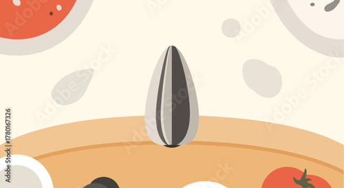 Abstract Art Sunflower Seed, Fruit and Vegetables Composition On a Beige Background
