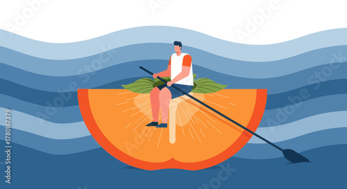 Abstract Concept of Person Rowing on Fruit Slice in a Sea or Ocean Illustration