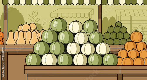 Abundant Seasonal Produce Display At A Farmers Market With Variations Of Pumpkins