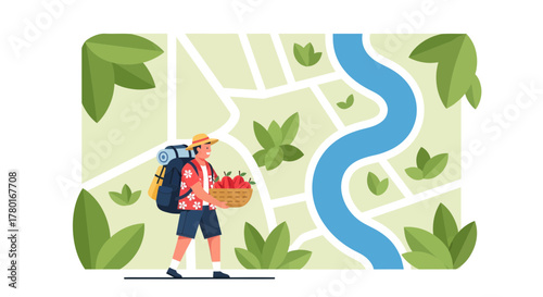 Adventurer Harvesting Fruit Finds His Way Through Wildlands Via Map Guidance