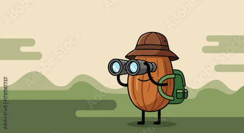 Adventurous Almond Explores Nature's Beauty, Equipped With Binoculars and Backpack