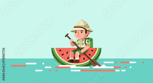 Adventurous Explorer Paddling a Watermelon Boat On Calm Blue Ocean Waters