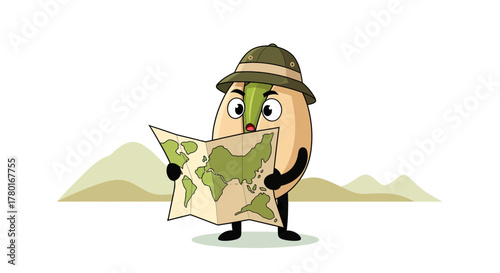 Adventurous Pistachio Character Navigating World Map: Illustration for Travel and Exploration