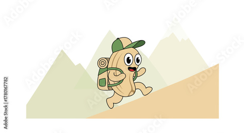 Adventurous Peanut Tourist Climbing A Mountain With A Backpack Smiling Cheerfully