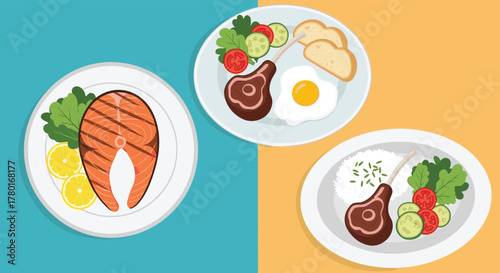 Collection of three diverse and healthy meal plates featuring grilled salmon, a lamb chop breakfast, and a lamb chop dinner.