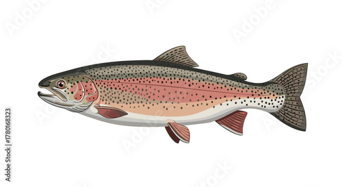 A colorful illustration of a rainbow trout in a side view, showcasing its distinct markings, including the prominent pink stripe and dark spots.