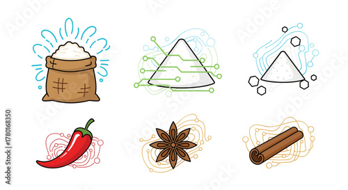 Stylized icons of raw food ingredients such as sugar, chili, star anise, and cinnamon featuring tech-inspired circuit patterns.