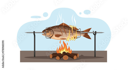 A whole fish is roasted on a rotisserie spit over an open campfire, showing the traditional method of outdoor cooking with smoke and flames.