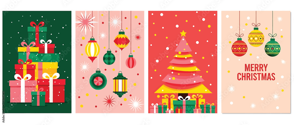 Obraz premium Festive christmas cards featuring stacked presents, hanging ornaments, and a decorated tree, perfect for spreading holiday cheer and warm wishes to friends and family