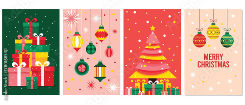 Festive christmas cards featuring stacked presents, hanging ornaments, and a decorated tree, perfect for spreading holiday cheer and warm wishes to friends and family