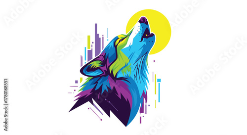 Vibrant and striking pop art illustration of a wolf howling towards a bright yellow moon, featuring bold geometric shapes and a dynamic color palette.