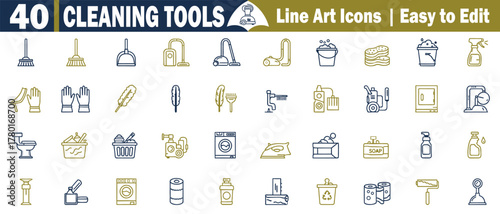 Cleaning Tools Line Art Icons Vector Set. 40 Housekeeping Supplies for Washing, Floor, Care, Dust Removal, and Surface Treatment illustration. 