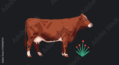 A detailed illustration of a brown and white cow standing in profile, accompanied by a small stylized plant.