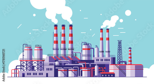 An illustration of a large industrial factory with multiple smokestacks emitting white smoke into a light blue sky, representing modern industry and environmental impact.