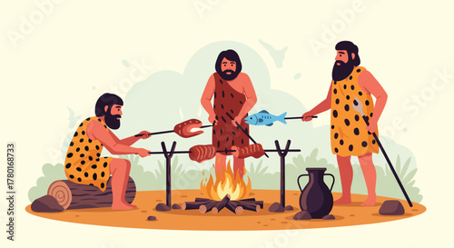 Three prehistoric cavemen cook freshly caught fish and various cuts of meat over an open campfire in a natural, ancient setting.