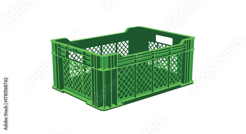 Empty green plastic crate, a common container used for storing and transporting fruits, vegetables, or other goods in various settings.