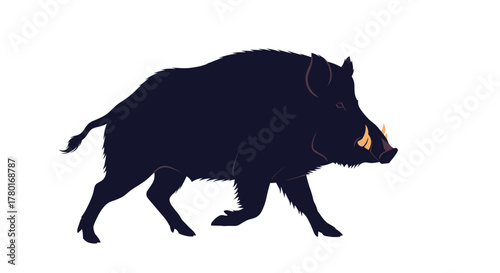 A powerful wild boar with impressive tusks walks confidently in profile on a clean white background, showcasing its rugged form.