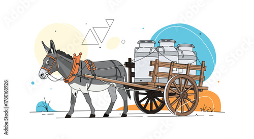A charming illustration of a grey donkey harnessed to a wooden cart carrying three classic milk cans, depicted in a modern flat design style.