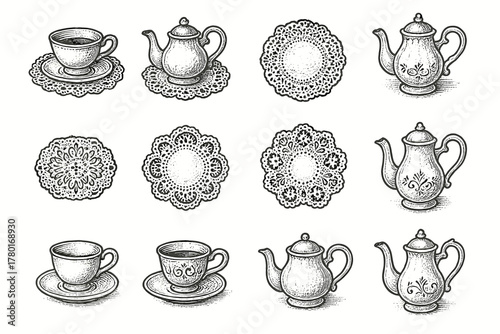 Set porcelain vintage napkin icons lace icon vector cup tea teapot