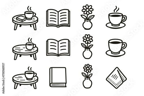 Cup vector table tea set book flower afternoon icon cozy napkin