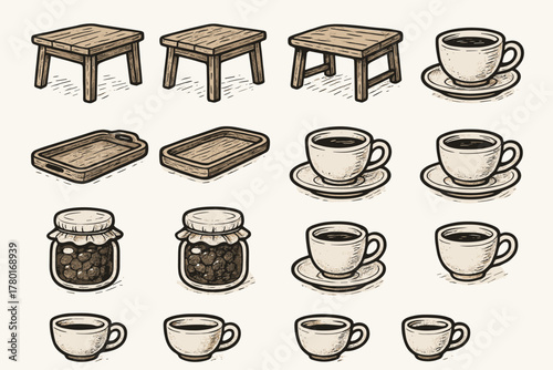 Jar jam vector icon tray tea wooden rustic teacup setup table