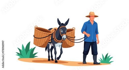 A traditional farmer in a straw hat leads his donkey, laden with two large wicker baskets, along a dirt path, symbolizing rural life and transport.