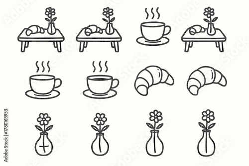 Vase table vector flower croissant scene icon breakfast ink peaceful icons tea