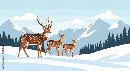 A family of spotted deer, including a majestic buck, a doe, and a fawn, standing gracefully in a peaceful snowy mountain winter landscape.