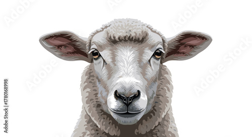 An endearing close-up portrait of a young lamb with soft fleece, looking directly forward against a pure white studio background.