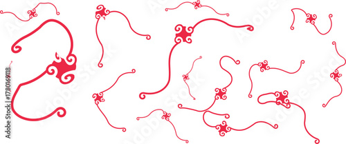 Ornate Crimson Ornament: A collection of exquisite, flowing crimson ornaments, featuring intricate swirling designs, exuding elegance and artistic flair. 