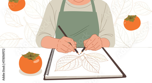 Artisan Drawing Persimmon Leaves In Sketchbook With Fruits Beside, Detailed Illustration