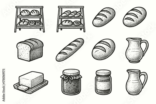 Icon bread jam rough display icons jug butter bakery table milk vector
