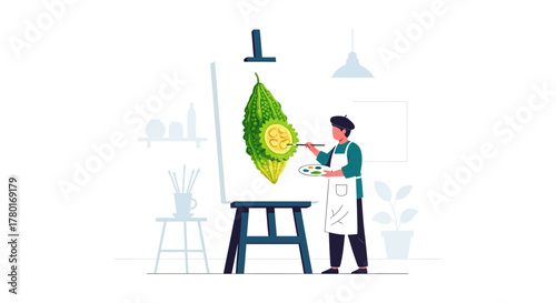 Artist Painting A Bitter Gourd On Canvas In A Bright, Minimalist Studio Scene