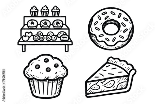 Muffin set drawing treats icon vector sweet bakery donut table pie slice