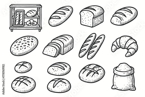 Drawing bread loaves flour selection fresh set vector croissant icon bag bakery