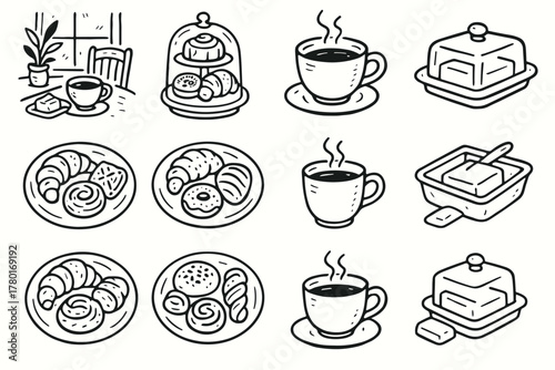Vector cup bakery breakfast scene plate peaceful icon pastry coffee icons butter