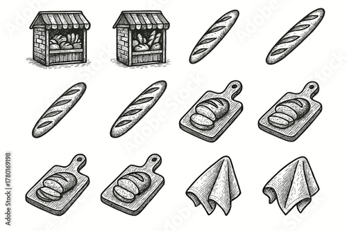 Collection baguette board bakery towel icon vector bread corner artisan icons