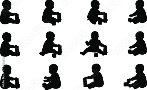 Baby silhouette sitting, playing with block, infant posture study, toddler activity, child development, black vector, isolated, white background, cute pose, early childhood, baby icon, playful kid, 