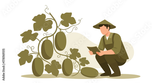 Asian Farmer Inspecting Crop and Planning for Optimal Harvest in The Field