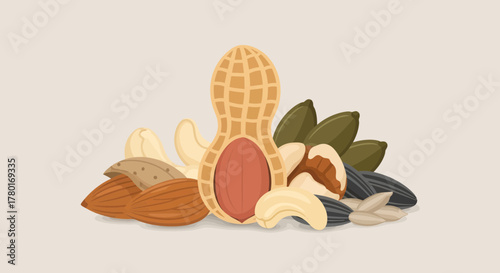 Assortment Of Healthy Seeds And Nuts Arrangement With Single Peanut Focused