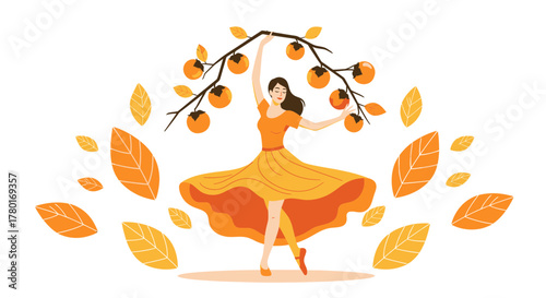 Autumn Dancer Under Persimmon Tree Presents Joyful Silhouette in Colorful Fall