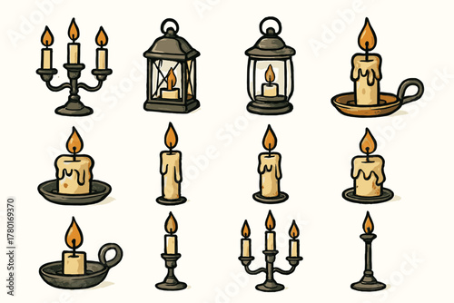 Artistic wax icons ambiance stand evening vector candle lantern metal holder icon