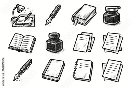 Notebook setup sheets pen ink paper vector writing icons icon creative