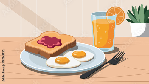 Breakfast plate with toast eggs and orange juice on wooden table fried eggs sunny-side up eggs
