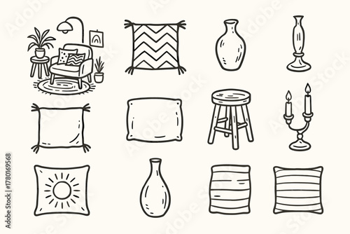 Corner boho vector stool living vase pillows candle cozy icons modern icon