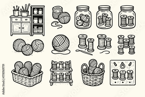 Icons yarn jars pencil rolls icon setup threads storage vector vintage craft
