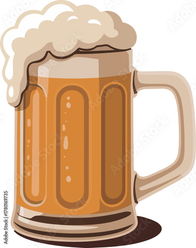 Full glass mug of amber beer with frothy white foam drink beverage
