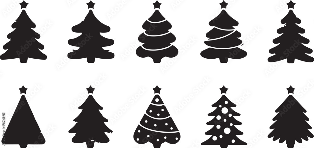 Naklejka premium Tree Silhouette Vector Set with Festive Decorations and Star Toppers