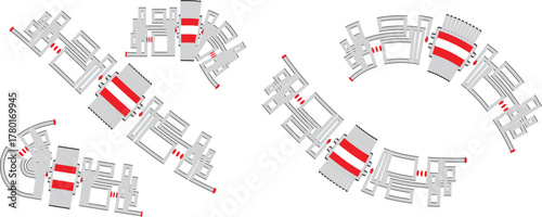 Urban Geometry: A captivating top-down architectural layout, featuring a complex interplay of structures. This abstract image with its angular details and vibrant red accents.
