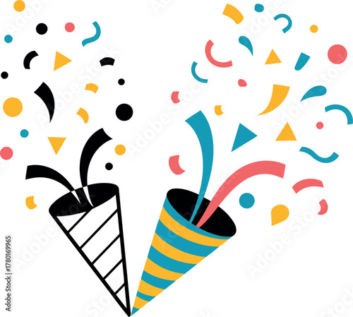 Two party poppers exploding with colorful confetti and streamers celebration explosion